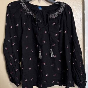 Old Navy Black Blouse with Embroidery and Tassels